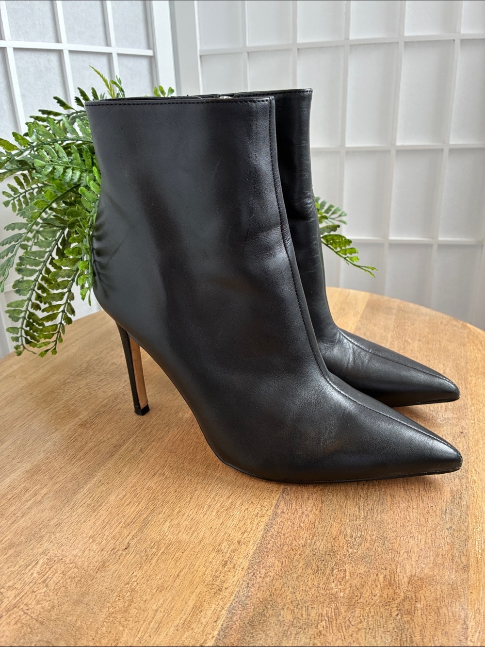 Nine West's Farrah Black Leather Pointed Toe 4" Stiletto Ankle Boot, 6.5M